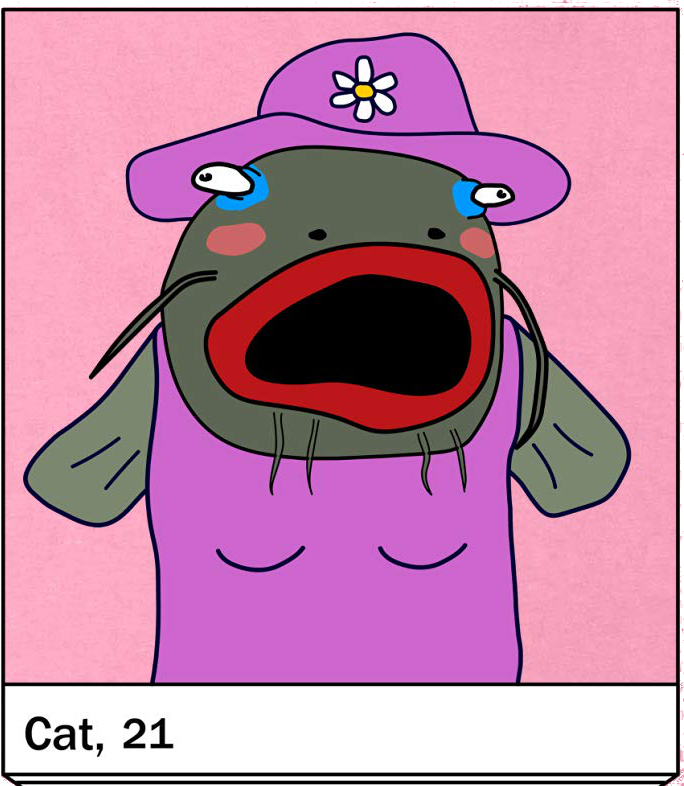 A dating profile with the caption 'Cat, 21'.  The profile picture is a catfish in a pink dress and hat.