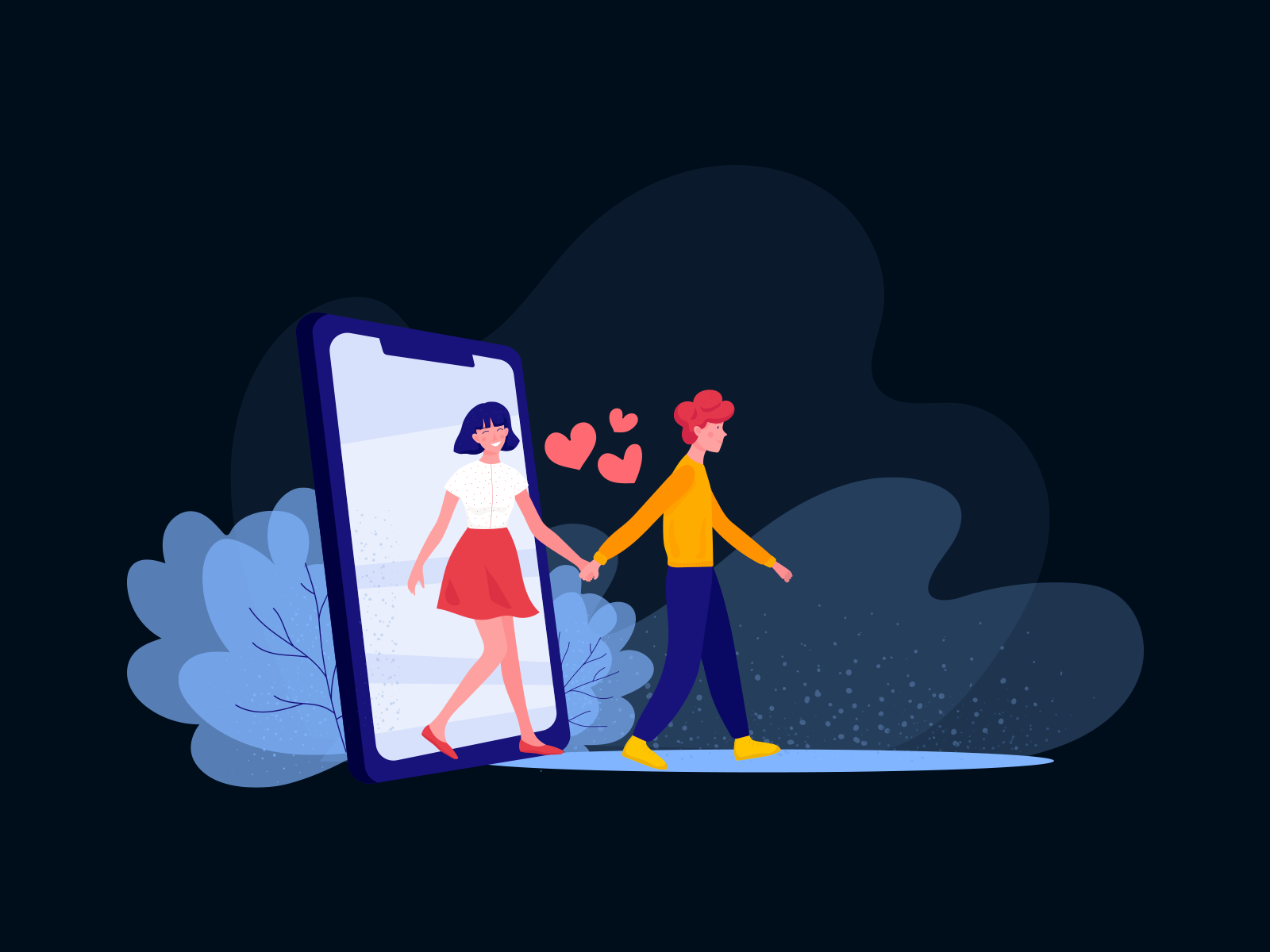 A woman and a man holding hands as they walk out of a smartphone screen surrounded by hearts.