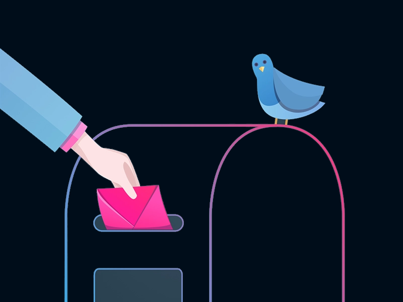 A pigeon is perched on top of a mailbox.  A hand is placing a pink sealed envelope in the mailbox's slot.